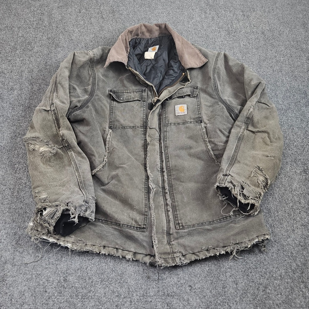 Carhartt Jacket XL Gray Duck Canvas Distressed Workwear Grunge Made USA Utility